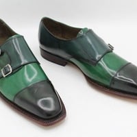 Crafted Leather Double Monk Strap Dress Shoes in Green Leather  - Thumbnail 5
