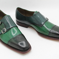 Crafted Leather Double Monk Strap Dress Shoes in Green Leather  - Thumbnail 6