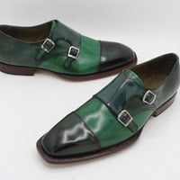 Crafted Leather Double Monk Strap Dress Shoes in Green Leather  - Thumbnail 7