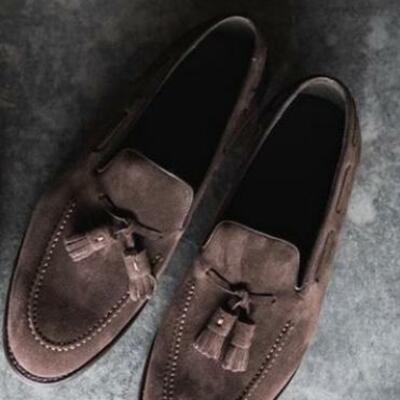 Handmade dark brown loafer in suede shoes
