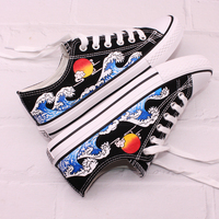 Wave hand-painted shoes. Ukiyo-e canvas shoes. Fashion sneakers. Couple flat shoes. Running outdoor shoes.Personality gift.christmas gift - Thumbnail 4