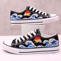 Wave hand-painted shoes. Ukiyo-e canvas shoes. Fashion sneakers. Couple flat shoes. Running outdoor shoes.Personality gift.christmas gift - Thumbnail 12