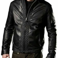 New Men Jacket 100% Genuine Real Lambskin Leather Quilted Biker Motorcycle - Thumbnail 1