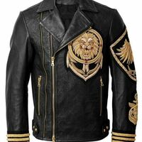 New Handmade Embroidery Patches Golden Black Brando Style Lion Leather Jacket - Thumbnail 4
