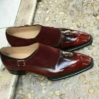 Men's Handmade Suede & Leather Monk Shoes,Oxford Men burgundy Monk Genuine Leath - Thumbnail 4