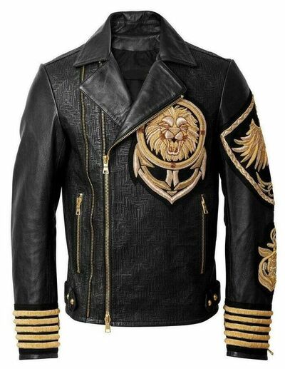 New Handmade Embroidery Patches Golden Black Brando Style Lion Leather Jacket
