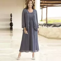 Mother of The Bride/ Groom Dresses Gray Chiffon Lace Applique Tea Length A Line Mother Dresses With Jacket - Thumbnail 1