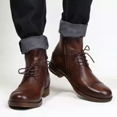 Handmade men's antique brown side zipper ankle boots, ankle high biker boots