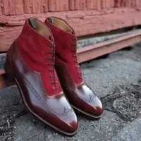 Handmade Men’s Balmoral Burgundy Leather Red Suede Ankle High Wingtip Boot - Thumbnail 1