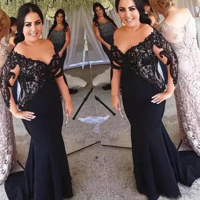 Mother of the Bride/ Groom Dresses Mermaid Black Lace Sheer Neck Long Sleeve Wedding Party Formal Occasion Prom Evening Gowns