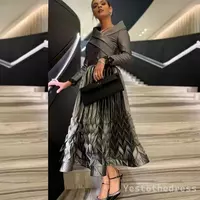 Silver Mother of the Bride/Groom Gowns Formal Dresses for Women Short T Length Long Sleeves Pleated Groom's Mother Dress  - Thumbnail 1