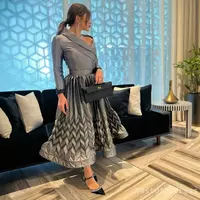 Silver Mother of the Bride/Groom Gowns Formal Dresses for Women Short T Length Long Sleeves Pleated Groom's Mother Dress  - Thumbnail 2