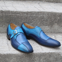 Crafted Leather Single Monk Strap Dress Shoes in Blue Leather - Thumbnail 1