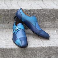 Crafted Leather Single Monk Strap Dress Shoes in Blue Leather - Thumbnail 2