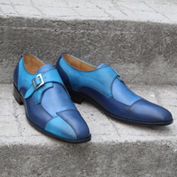 Crafted Leather Single Monk Strap Dress Shoes in Blue Leather - Thumbnail 3