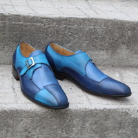Crafted Leather Single Monk Strap Dress Shoes in Blue Leather - Thumbnail 6