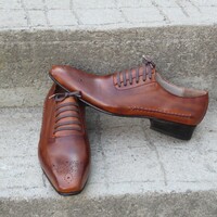 Crafted Leather Brown Patina Oxford Lace up Dress Shoes - Thumbnail 1