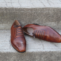 Crafted Leather Brown Patina Oxford Lace up Dress Shoes - Thumbnail 2