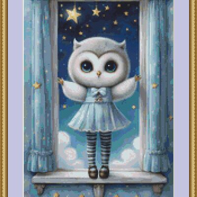 Owl in a blue dress cross stitch pattern