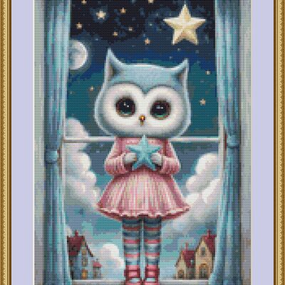 Owl and blue star cross stitch pattern