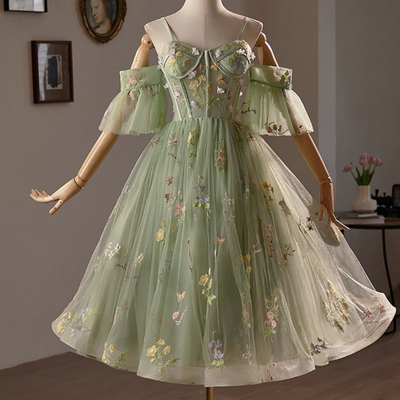Green floral tulle knee length prom dress - Thumbnail 1