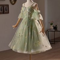 Green Floral Tulle Knee Length Prom Dress - Thumbnail 2
