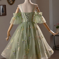 Green Floral Tulle Knee Length Prom Dress - Thumbnail 3