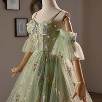 Green Floral Tulle Knee Length Prom Dress - Thumbnail 4
