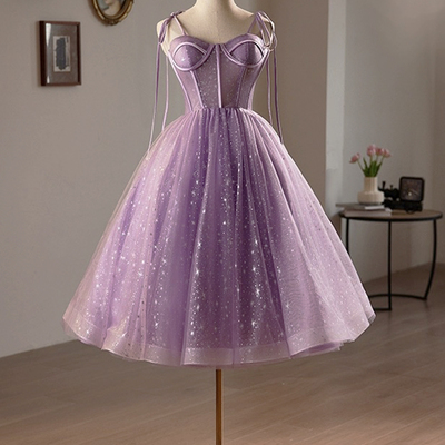 Purple tulle a-line knee length lovely spaghetti strap party dress - Thumbnail 2