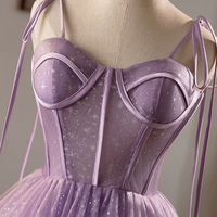 Purple Tulle A-Line Knee Length Lovely Spaghetti Strap Party Dress - Thumbnail 1