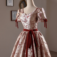 A-Line Floral Satin Short Sleeve Knee Length Prom Dress - Thumbnail 1