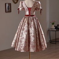 A-Line Floral Satin Short Sleeve Knee Length Prom Dress - Thumbnail 2