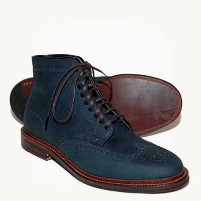 Handmade pure navy blue suede wingtip balmoral lace up boot - Thumbnail 1