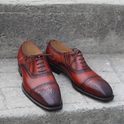 Crafted leather seamless side elastic brown leather oxford lace up dress shoes - Thumbnail 4