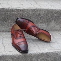 Crafted Leather Seamless Side Elastic Brown Leather Oxford Lace up Dress Shoes - Thumbnail 2