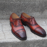 Crafted Leather Seamless Side Elastic Brown Leather Oxford Lace up Dress Shoes - Thumbnail 6