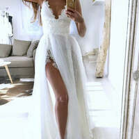 A Line V Neck White Lace Long Prom Dress with High Slit,V Neck White Lace Wedding Dress,1041 - Thumbnail 1