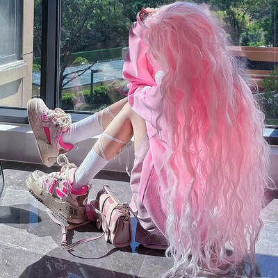 Y2k pink white gradient curly long wig - Thumbnail 2