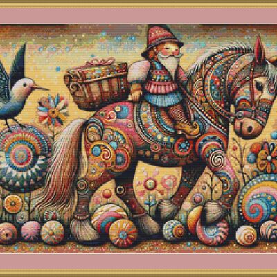 Gnome on a horse cross stitch pattern