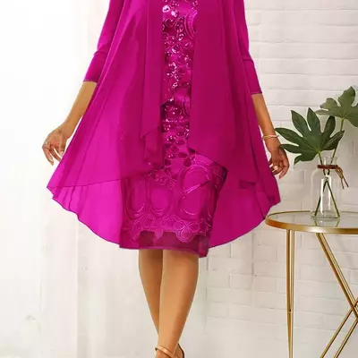 Sheath mother of the bride/ groom dresses satin chiffon plus size two pieces wedding guest dress long sleeve knee length evening gowns