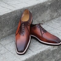 Crafted Leather Classic Brown Leather Norwegian Welted Lace up Dress Shoes - Thumbnail 1