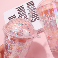 Romantic Sakura Glass Starry Sky Straw Cup with Lid - Thumbnail 3