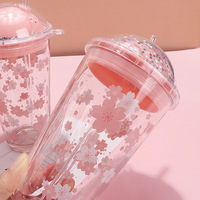Romantic Sakura Glass Starry Sky Straw Cup with Lid - Thumbnail 4