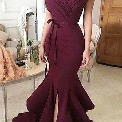 Burgundy off-the-shoulder mermaid prom dresses ruffles front-split evening dresses,1053