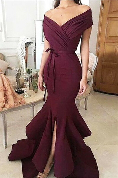 Burgundy Off-the-Shoulder Mermaid Prom Dresses Ruffles Front-Split Evening Dresses,1053