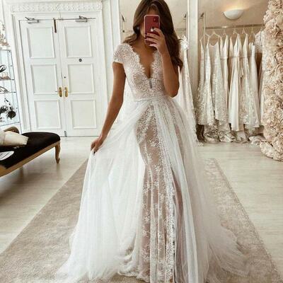 Fashion short sleeves wedding dresses with overskirt lace sexy v neck bridal gowns side slit wedding gown vestido de noiva,1770