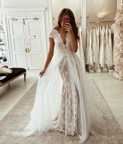 Fashion Short Sleeves Wedding Dresses with overskirt Lace Sexy V Neck Bridal Gowns Side Slit Wedding Gown Vestido de Noiva,1770