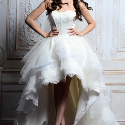 Elegant hi-lo wedding dress,new elegant white strapless lace wedding dress high low long bridal dress,1773 - Thumbnail 1