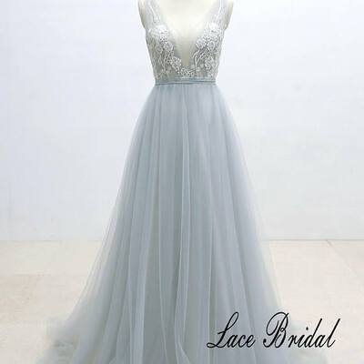 Ivory lace wedding dress with silver thread binding dusty blue airy tulle wedding dress with deep v neckline,1775 - Thumbnail 1