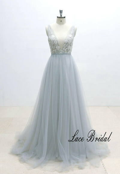 Ivory Lace Wedding Dress with Silver Thread Binding Dusty Blue Airy Tulle Wedding Dress with Deep V Neckline,1775